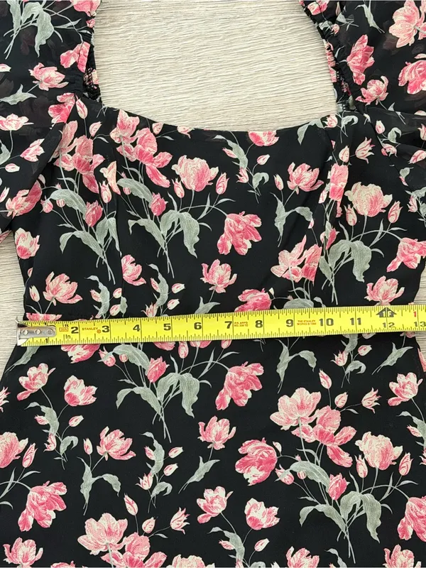 Lush XS Black Floral High Low Ruffle Dress Square Neck Puff Sleeve - Image 4