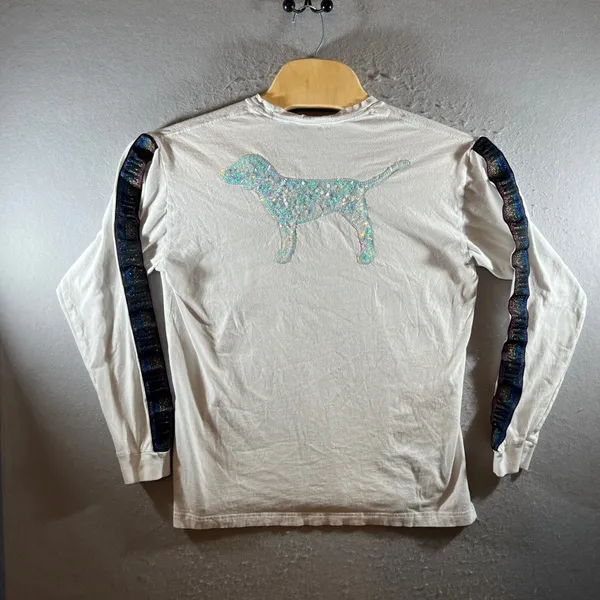 1332 | PINK Victoria's Secret Sequin Dog Iridescent Tape Tee White Women L‎ - Image 2