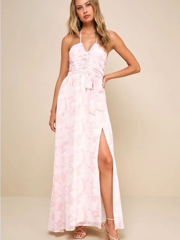 NWOT Lulus Effortlessly Abloom Light Pink Floral Ruched Halter Maxi Dress L - Image 2
