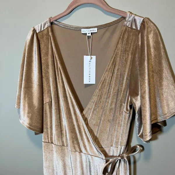 Baltic Born Meghan Velvet Wrap Maxi Dress Champagne Gold Flutter Sleeve M NWT - Image 2