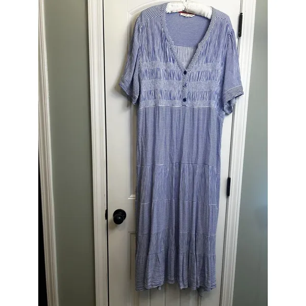 Cactus + Pearl XXL Blue White Striped Smocked Maxi Dress Rayon Boho Casual Coast - Image 9