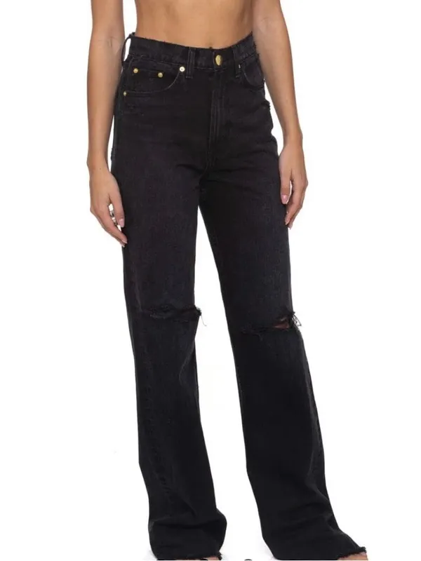 Aviator Nation Gypsy Hi Rise Wide Leg Jean Distressed Denim in Vintage Black 25 - Image 2