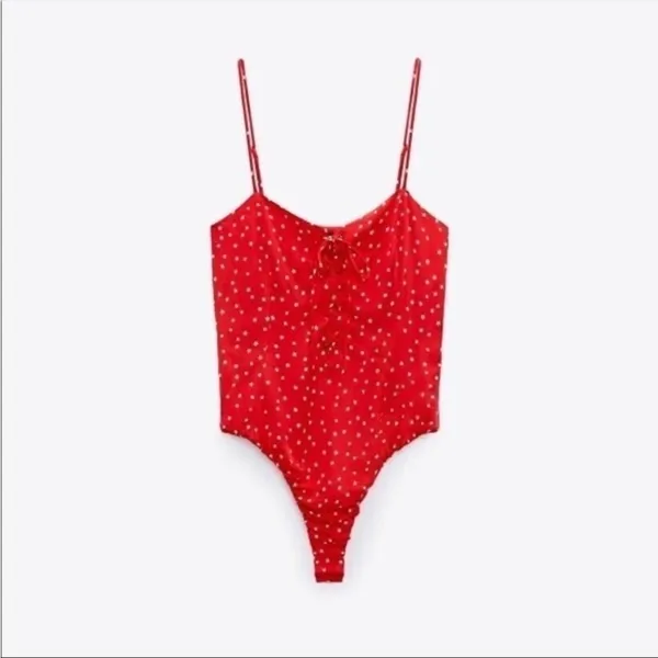 Zara Red Lace Up Satin Effect Star Print‎ Bodysuit - Image 2