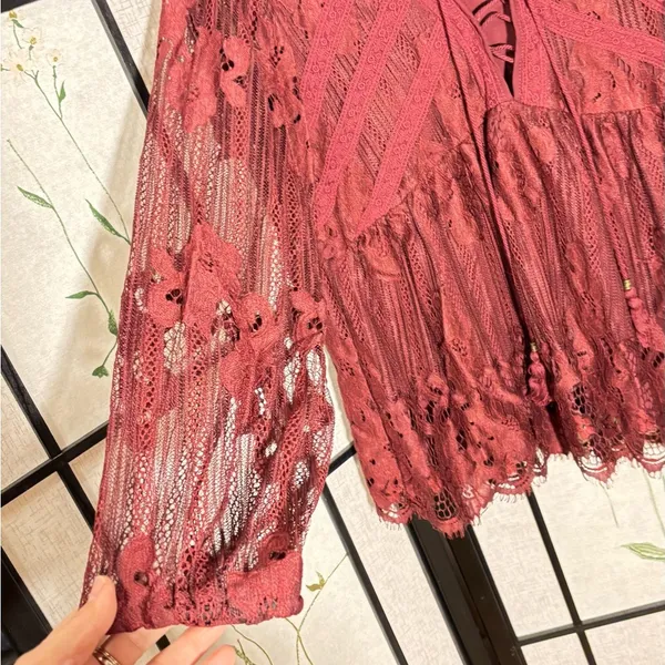 Taylor & Sage COPY - Layson Elegant Lace Women's Top in burgundy red blouse - Image 3