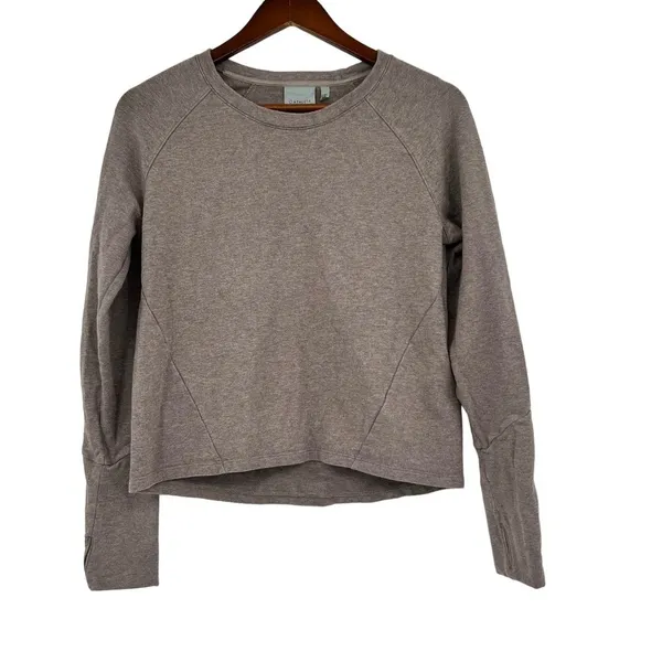 Athleta Idyllwild Sweatshirt Cropped Crew Neck Thumb Holes Taupe Brown sz small - Image 3