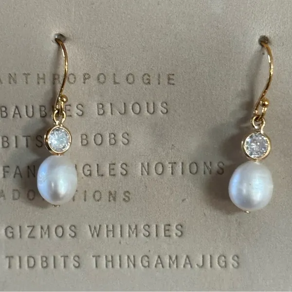 Anthropologie Gold Pearl Drop Earrings with Clear Crystal - Image 5