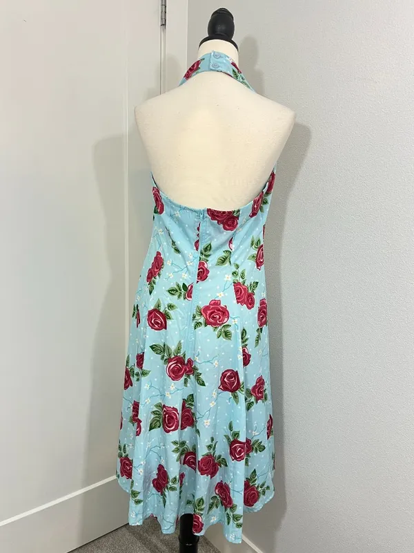 Hell Bunny Vixen 50s Rockabilly Blue Rose Halter Swing Dress - Image 3