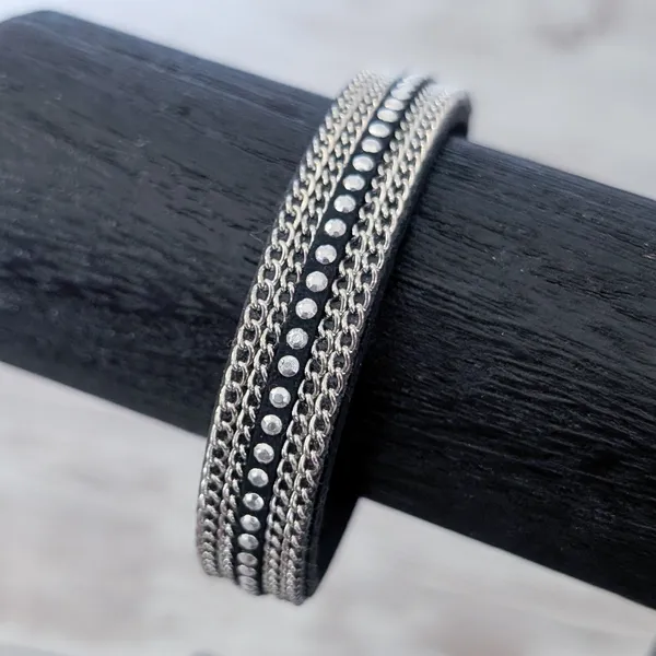Black & Silver Tone Studded Bracelet with Chains Design Emo Goth Skater - Image 2