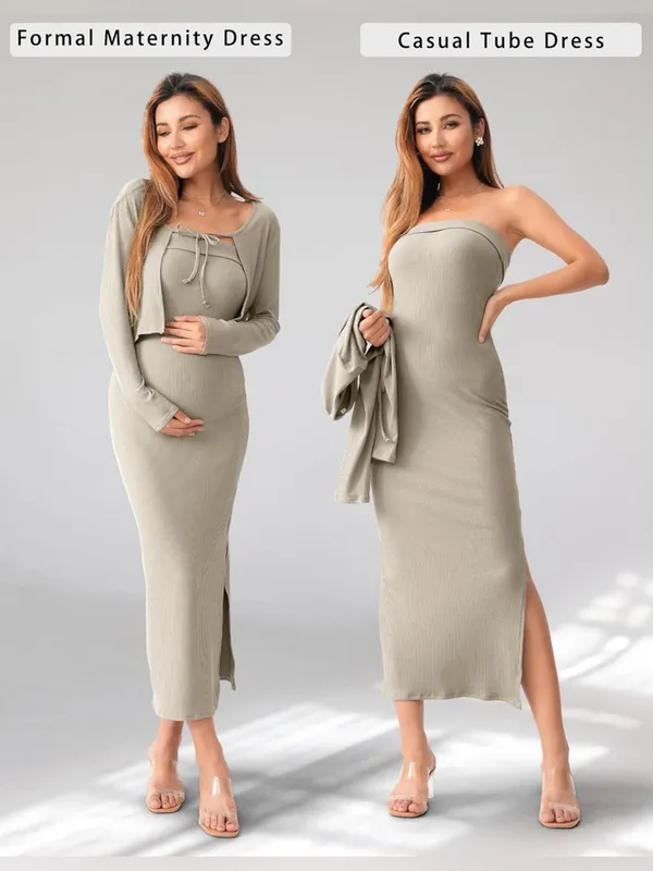 SUNNYBUY Baby Shower Maternity Tube Dress Short Cardigan Ribbed Maxi Dress - Image 4
