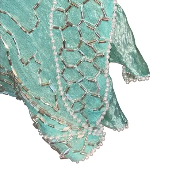 Handmade Vintage 90s Beaded Sequin Seagreen Fairycore Asymmetrical Hem Formal blouse - Image 9
