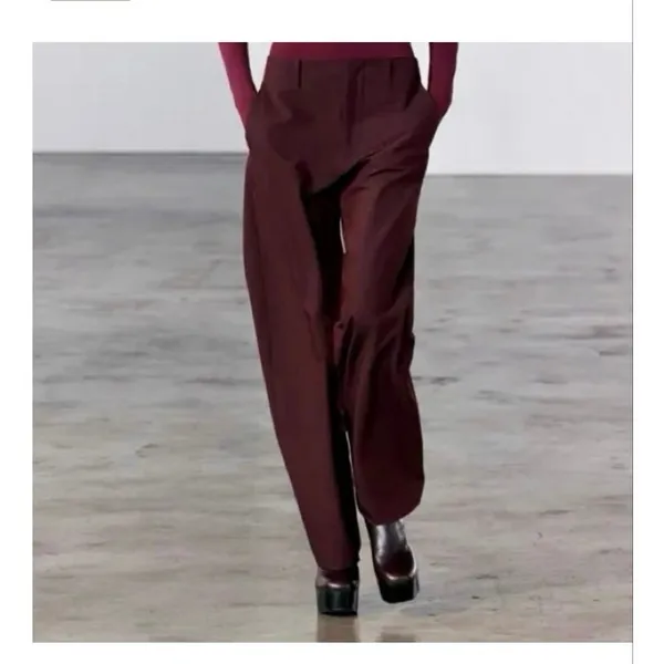 Zara Burgundy Wide Leg Trousers Size Medium High Rise Minimalist Chic 4043/043 - Image 3