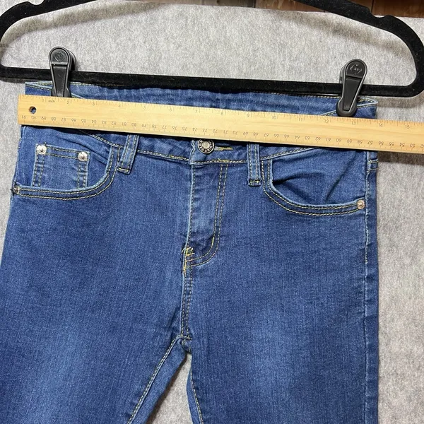 Galmint Womens US 4 Blue Denim Flare Bell Bottom Jeans Raw Hem Stretch‎ - Image 2