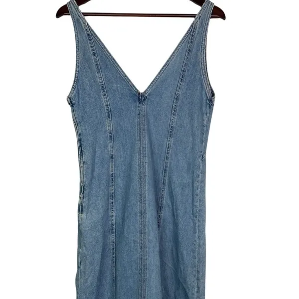 Zara Oversized Denim Seamed V Neck Sleeveless Midi Dress Side Zip Up S Blue Wash - Image 7