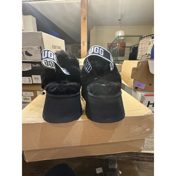 Ugg Funkette Black Suede Sheepskin Strap Platform Women'S Slippers Size 10 - Image 4