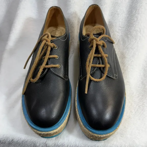 John Fluevog 4 Black Leather Platform‎ Espadrille Oxford Shoes Blue Sole Boho - Image 2