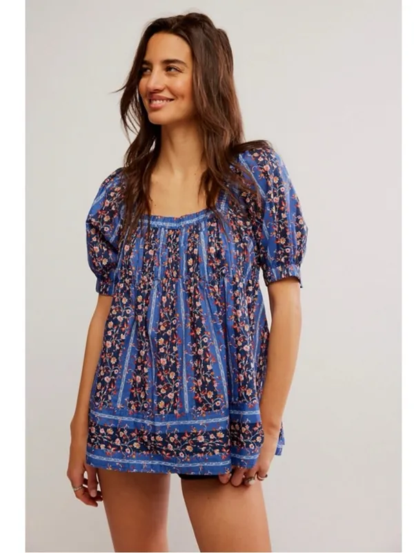 Free People Retro 70s Bohemian Vintage Lover Blouse Dutch Blue Combo Medium - Image 9