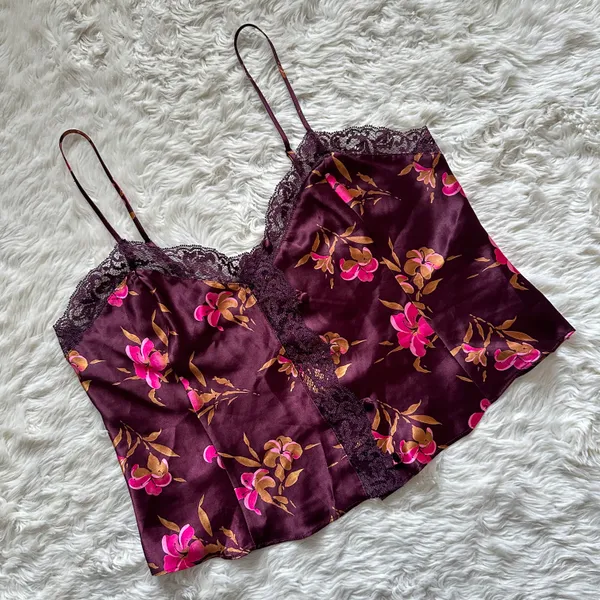 Victoria’s Secret Cami Vintage Gold Label Lace Trim Button Front Floral Purple M - Image 2
