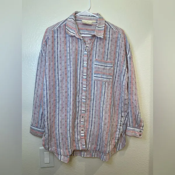Maeve Anthropologie Breckenridge Striped‎ Polka Dot Button Boho Shirt Size S - Image 4