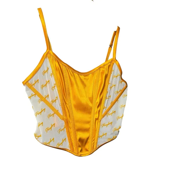 Playboy Women's L Gold Satin Mesh Logo Corset Bustier Y2K Festival Clubwear‎ Top - Image 11