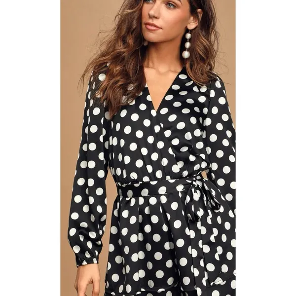 Lulus Women’s Polka Dots Satin Ruffled Romper‎ Elegant Glam Cocktail Size Small - Image 5