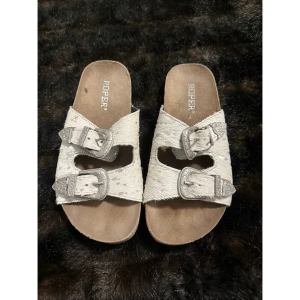 Roper Women's Desiree footbed sandals white and silver hair-on-hide Shoe 6 - Image 3