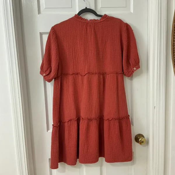 DREW Anthropologie 100% Cotton Gauze Tiered Dress M Rust Orange Boho Fall - Image 3