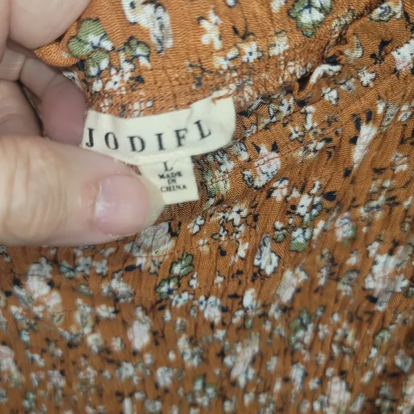 JODIFL Boho Smocked Floral Babydoll Tunic Blouse Orange Rust Ditsy Print Puff L - Image 2