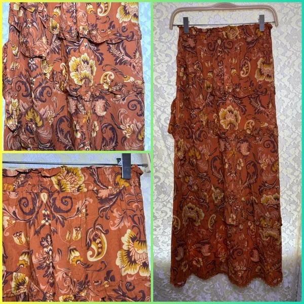 Floral Ruffle midi Skirt - Brown orange yellow medium / small - Image 2