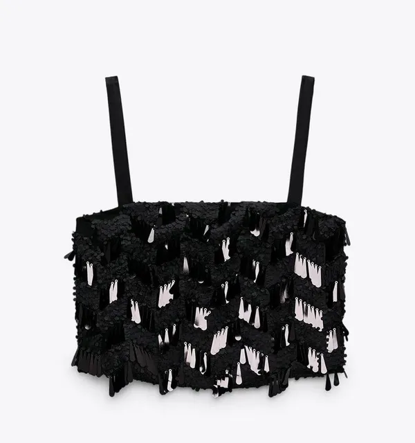 Zara Sequin Cropped Camisole Top Black Size S New - Image 12