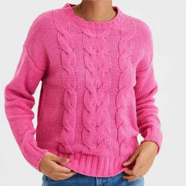 AMERICAN EAGLE AEO AE Chenille Cable Knit Sweater Bright Pink Barbie Oversized L - Image 3