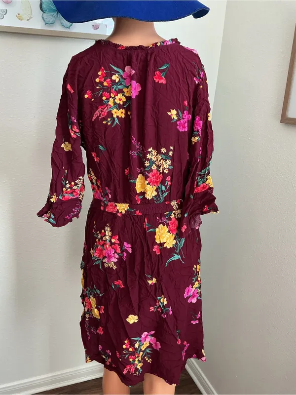 Old Navy Floral Burgundy Boho Dress Size M - Image 6