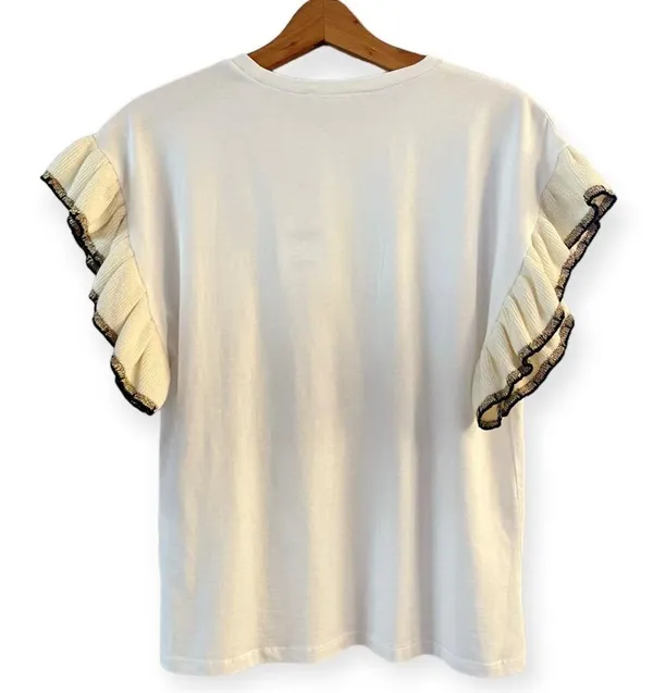 ZARA Trimmed T-Shirt White Top Gold Black Knit Cap Sleeve Ruffle Crew Neck Small - Image 5