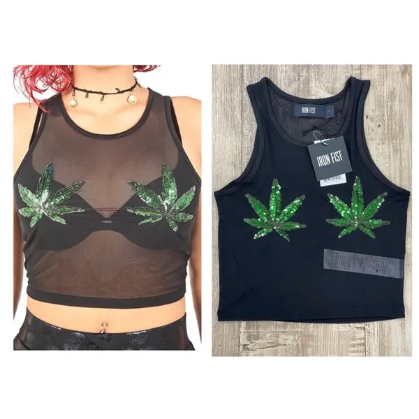 NEW! Iron Fist Sheer Black Mary Jane Green Sequins Cropped Tank Top Size MEDIUM - Image 4