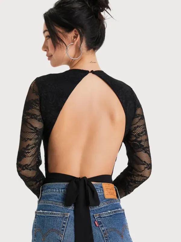 LULU's Sexy Romantic Chic Lace Sheer Date Night Long Sleeve Bodysuit - Image 2