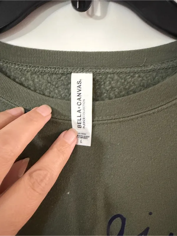 Bella Canvas Olive Green Crewneck Sweatshirt with Multicolor 'THANKS' Graphic - Image 2