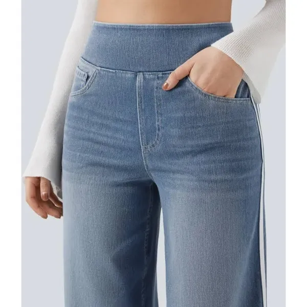 Halara Flex High Waisted Stripe Wide Leg Jeans Light Blue Wash L Regular - Image 4