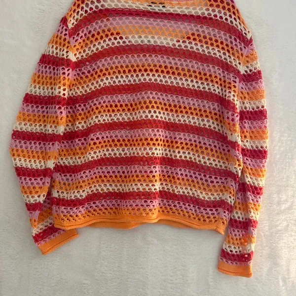 Francesca's Crochet Sweater Womens XL Pink Orange Striped Open‎ Knit Cotton NWT - Image 6
