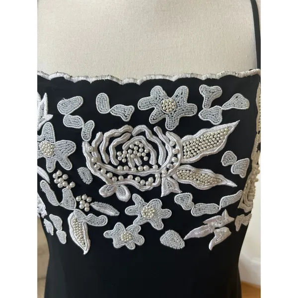 Vintage Y2K 90s Black & White Rose Floral Beaded Maxi Gown Whimsygoth Romantic - Image 6
