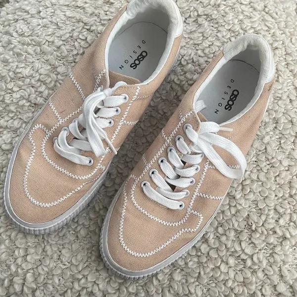 Asos Design Women's‎ Lace Up Embroidered Platform Canvas Sneaker Shoes Pale Pink - Image 2