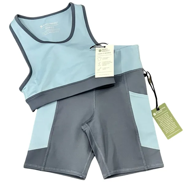 Parks Project Glacier Trail Blue Crop Top Sports Bra Bike Shorts Set XS NEW Tags - Image 2