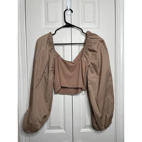 NEW Abercrombie & Fitch Womens Tan Ribbed Balloon Sleeve Blouse Size Large - Image 5