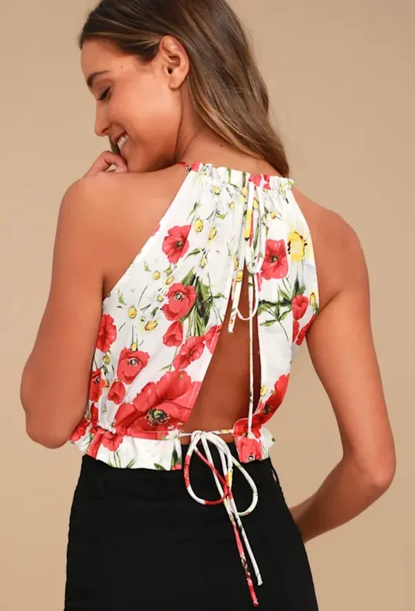 Lulus Nostalgia White and Red Floral Print Crop Top - Image 3