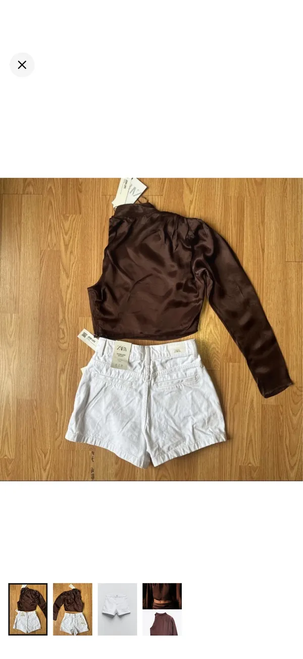 Zara Brown Satin One-Sleeve Top with White High-Waist Shorts set - Image 2