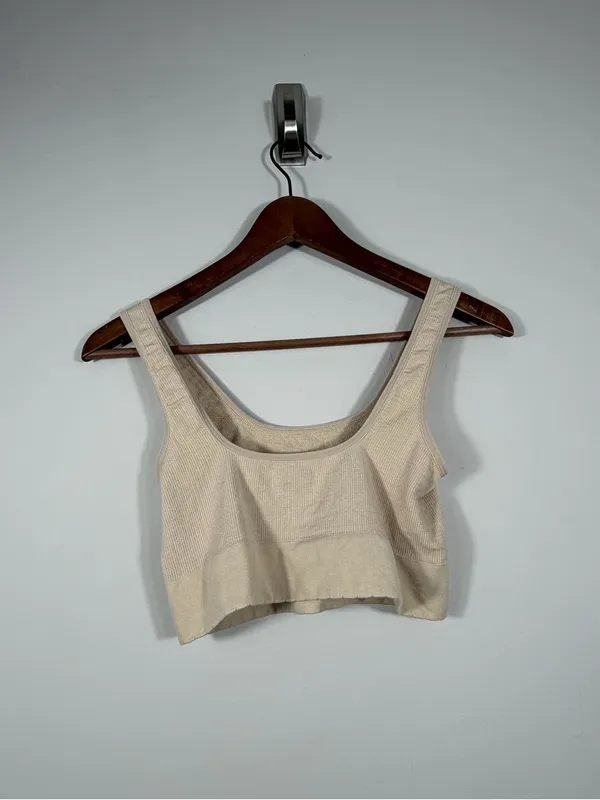 Anthropologie Seamless Ribbed Square Neck Crop Bralette Tank Beige S/M - Image 2