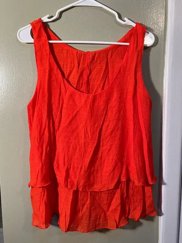 Women’s Size Large Sleeveless Blouse Scoop Neck Tiered Bright Orange Viscose - Image 3
