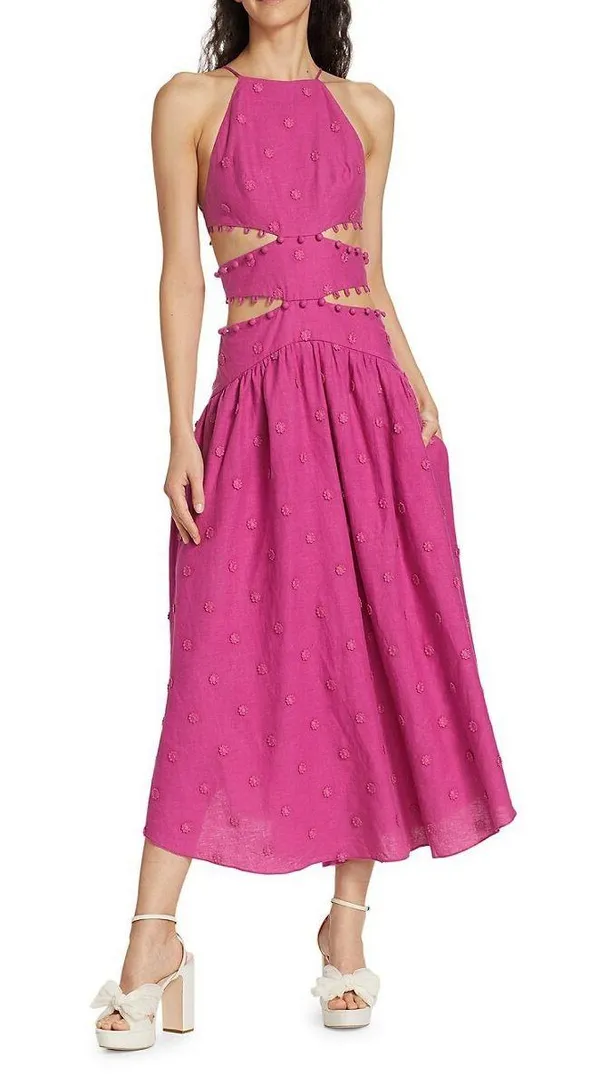 Farm Rio NWT Pink 3D Flower Midi Dress in Linen. Size Large - Image 5