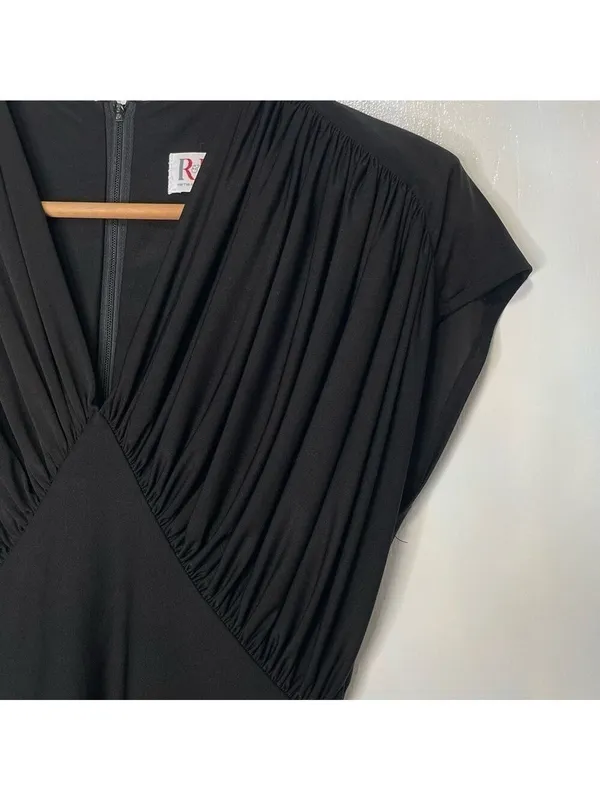 Vintage 70s Midi Dress Ruched Bodice Black Womens M - Image 5