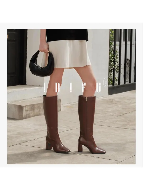 NEW Brown Vegan Leather Knee High Boots Square Toe Chunky 3” Heel Tall 10 - Image 8