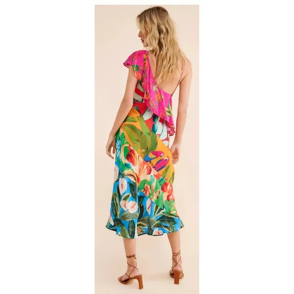 Farm Rio Midi Dress Sm Tropical Ruffle Asymmetric Boho Botanical Anthropologie - Image 3