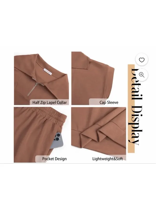NEW 2 Piece Set Half Zip Lapel Collar Lounge Set Cap Sleeve Shorts Pockets S - Image 8